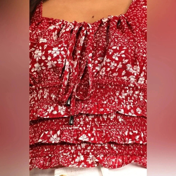 Lulu’s Lovely Wishes Red Floral Print Long Sleeve Crop Peasant Top - Picture 10 of 11